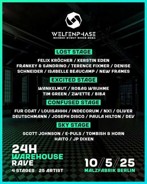 Weltenphase - 24h Warehouse Felix Kröcher, Fur Coat, Wankelmut, Robag Wruhme u.v.a.m